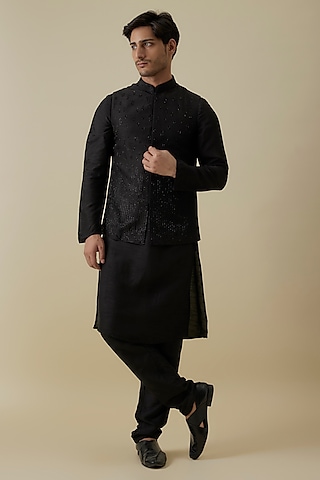 Black Bangalore Silk Cutdana Work Bundi Jacket Set by AANURAG DALMIA