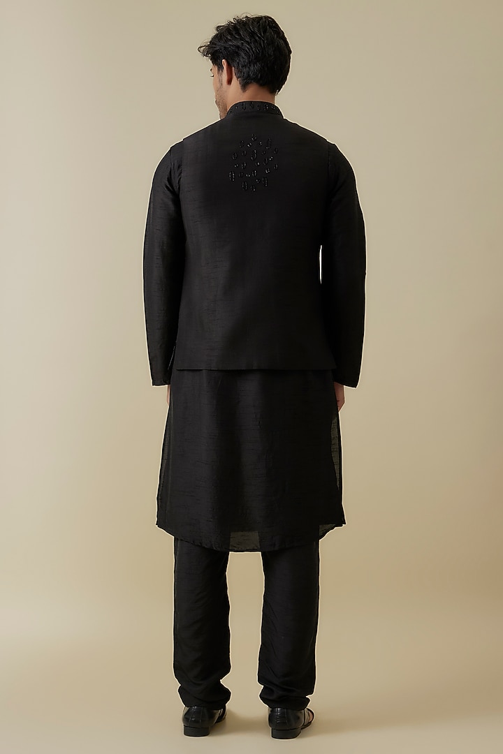 Black Bangalore Silk Cutdana Work Bundi Jacket Set by AANURAG DALMIA at Pernia's Pop Up Shop