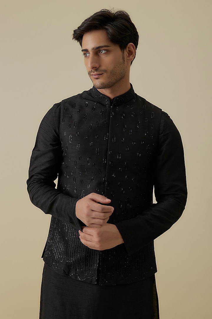 Black Bangalore Silk Cutdana Work Bundi Jacket Set by AANURAG DALMIA at Pernia's Pop Up Shop