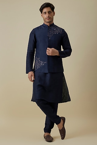 Navy Blue Bangalore Silk Floral Work Bundi Jacket Set by AANURAG DALMIA
