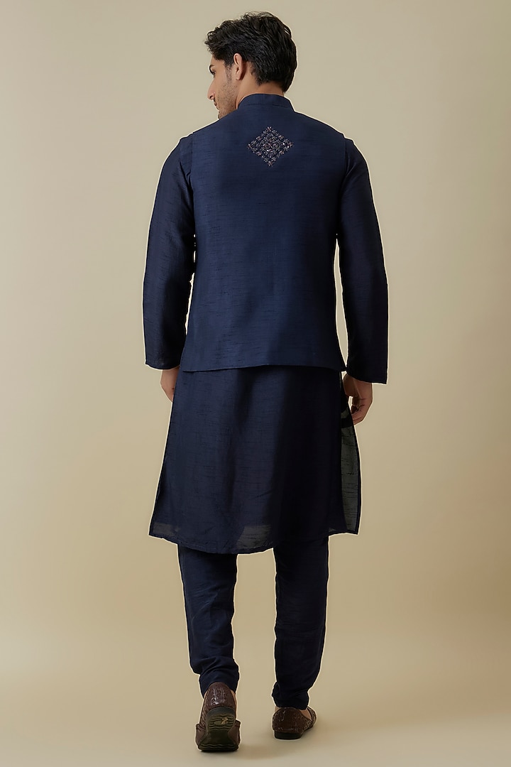 Navy Blue Bangalore Silk Floral Work Bundi Jacket Set by AANURAG DALMIA at Pernia's Pop Up Shop