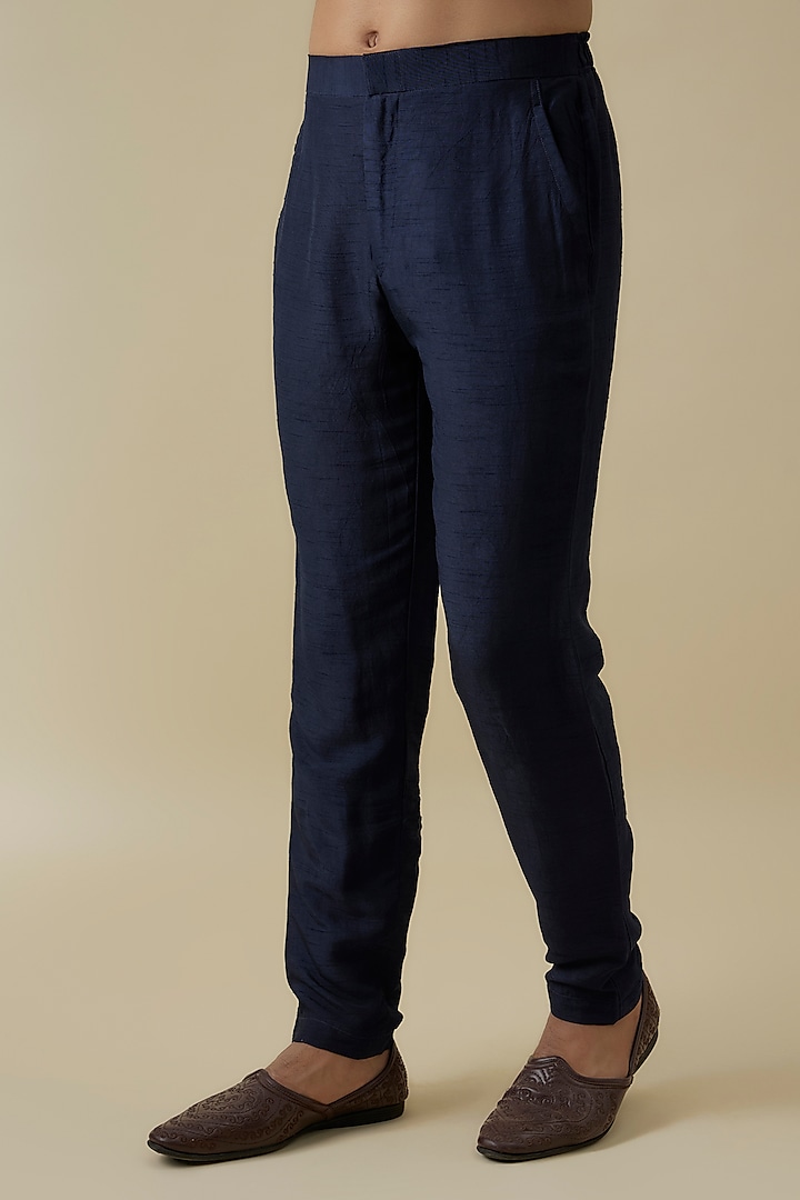 Navy Blue Bangalore Silk Floral Work Bundi Jacket Set by AANURAG DALMIA at Pernia's Pop Up Shop