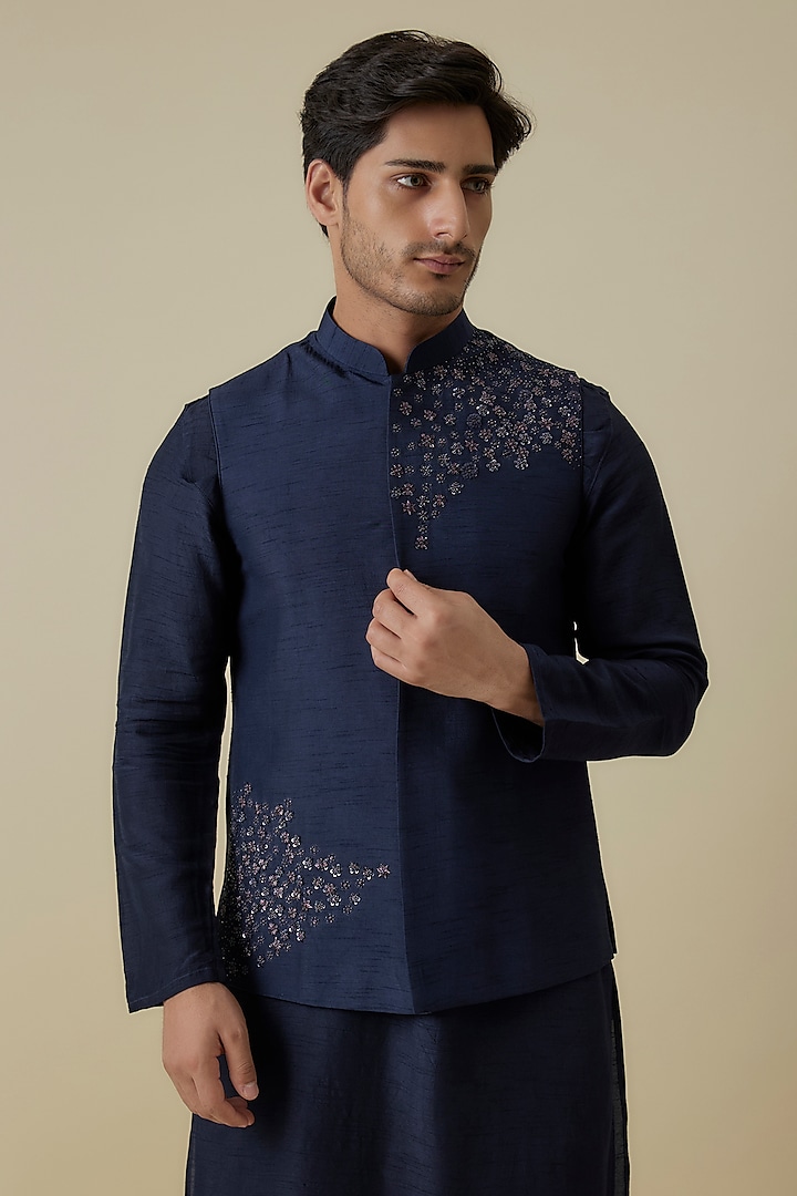 Navy Blue Bangalore Silk Floral Work Bundi Jacket Set by AANURAG DALMIA at Pernia's Pop Up Shop
