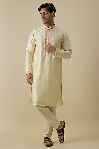 Yellow Mysore Silk Embroidered Kurta Set by AANURAG DALMIA
