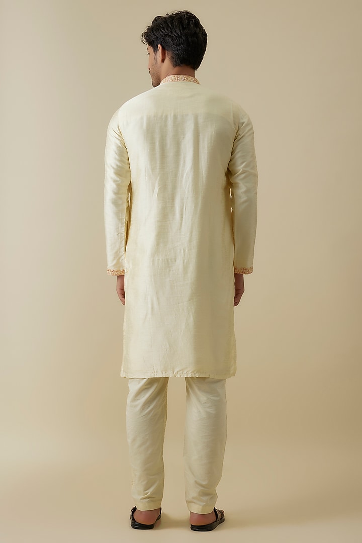 Yellow Mysore Silk Embroidered Kurta Set by AANURAG DALMIA at Pernia's Pop Up Shop