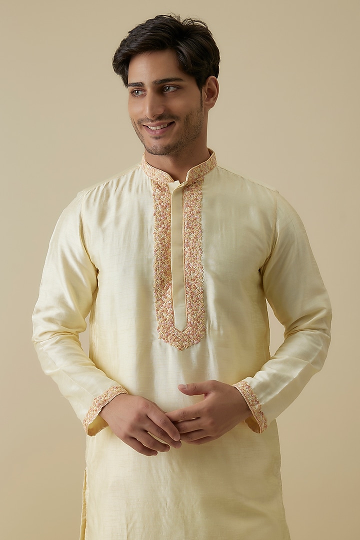 Yellow Mysore Silk Embroidered Kurta Set by AANURAG DALMIA at Pernia's Pop Up Shop