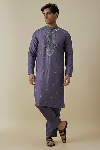 Purple Mysore Silk Motif Embroidered Kurta Set by AANURAG DALMIA