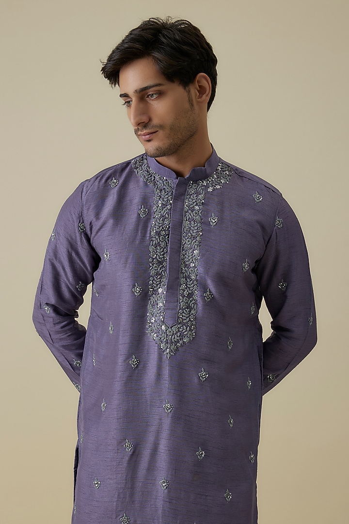 Purple Mysore Silk Motif Embroidered Kurta Set by AANURAG DALMIA at Pernia's Pop Up Shop