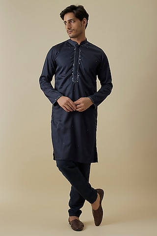 Navy Blue Luxe Satin Sequins Embroidered Kurta Set by AANURAG DALMIA