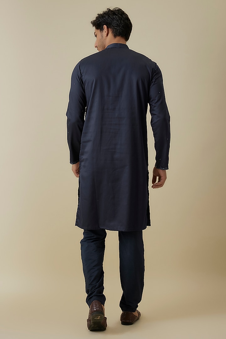 Navy Blue Luxe Satin Sequins Embroidered Kurta Set by AANURAG DALMIA at Pernia's Pop Up Shop