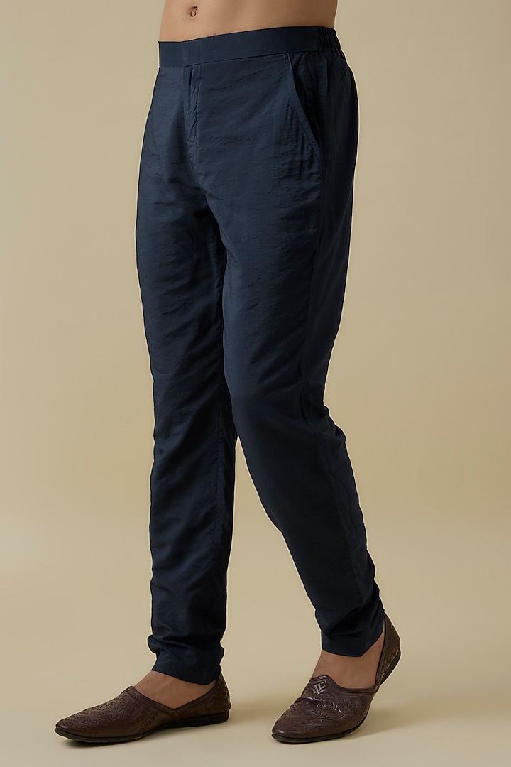 Navy Blue Luxe Satin Sequins Embroidered Kurta Set by AANURAG DALMIA at Pernia's Pop Up Shop