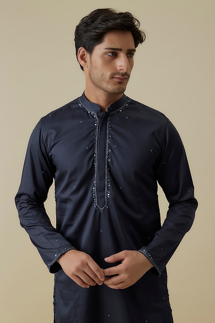 Navy Blue Luxe Satin Sequins Embroidered Kurta Set by AANURAG DALMIA at Pernia's Pop Up Shop
