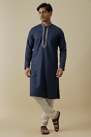 Navy Blue Linen Silk Swarovski Embroidered Kurta Set by AANURAG DALMIA
