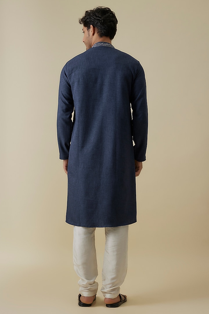 Navy Blue Linen Silk Swarovski Embroidered Kurta Set by AANURAG DALMIA at Pernia's Pop Up Shop