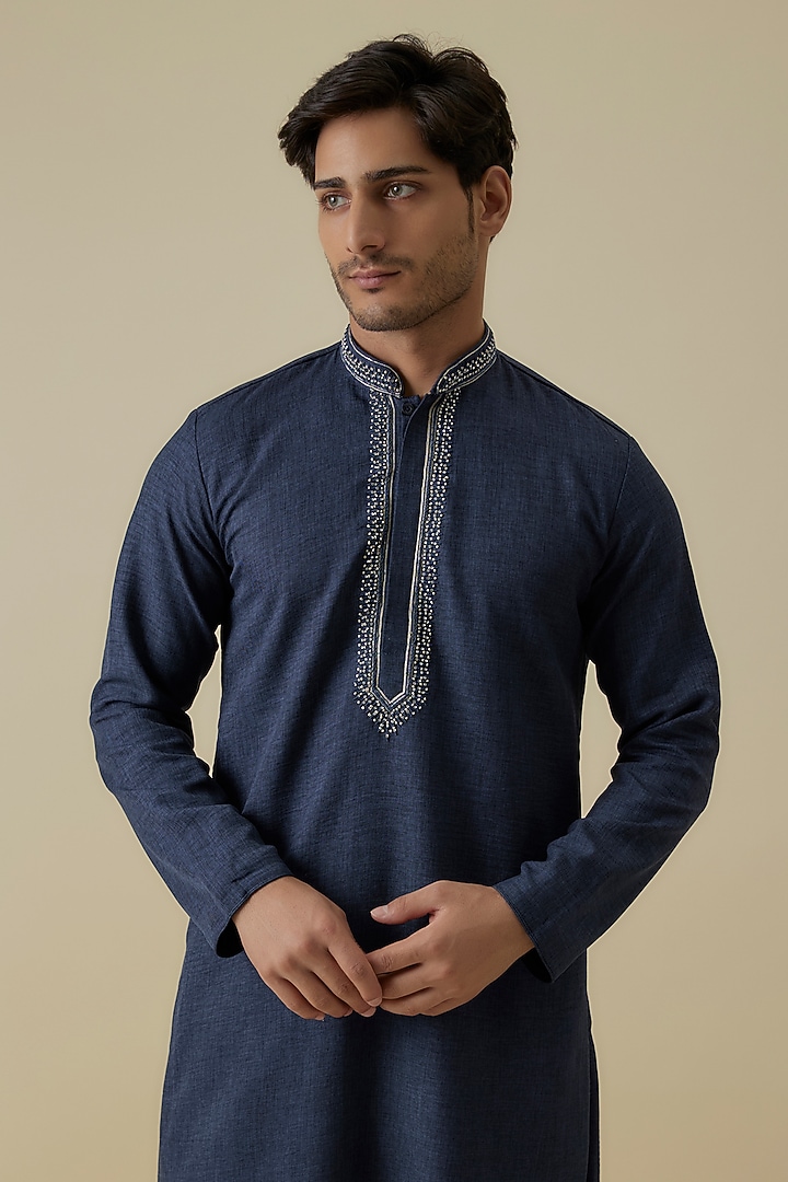 Navy Blue Linen Silk Swarovski Embroidered Kurta Set by AANURAG DALMIA at Pernia's Pop Up Shop