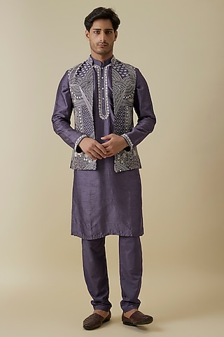 Purple Bangalore Silk Floral Embroidered Bundi Set by AANURAG DALMIA