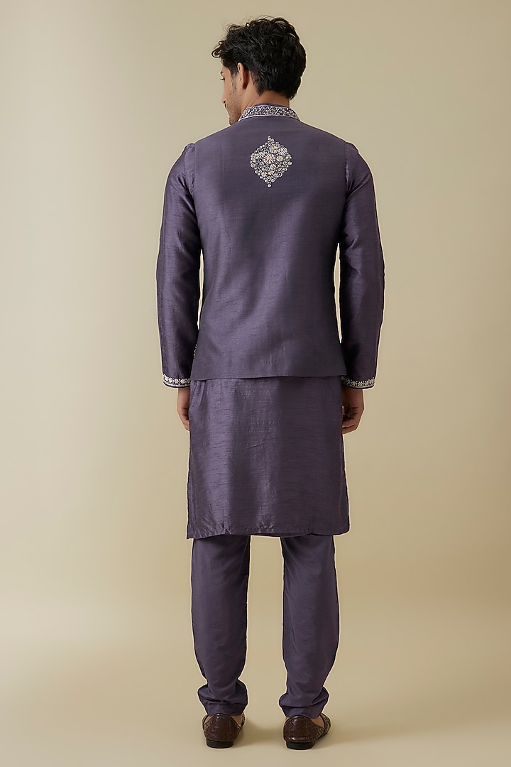 Purple Bangalore Silk Floral Embroidered Bundi Set by AANURAG DALMIA at Pernia's Pop Up Shop