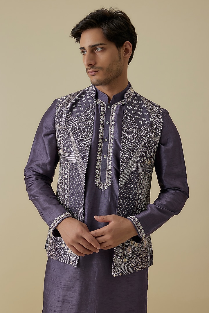Purple Bangalore Silk Floral Embroidered Bundi Set by AANURAG DALMIA at Pernia's Pop Up Shop