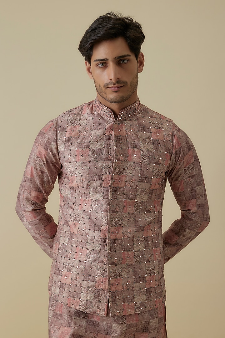 Multi-Colored Silk Abstract Printed & Mirror Embroidered Bundi Set by AANURAG DALMIA at Pernia's Pop Up Shop