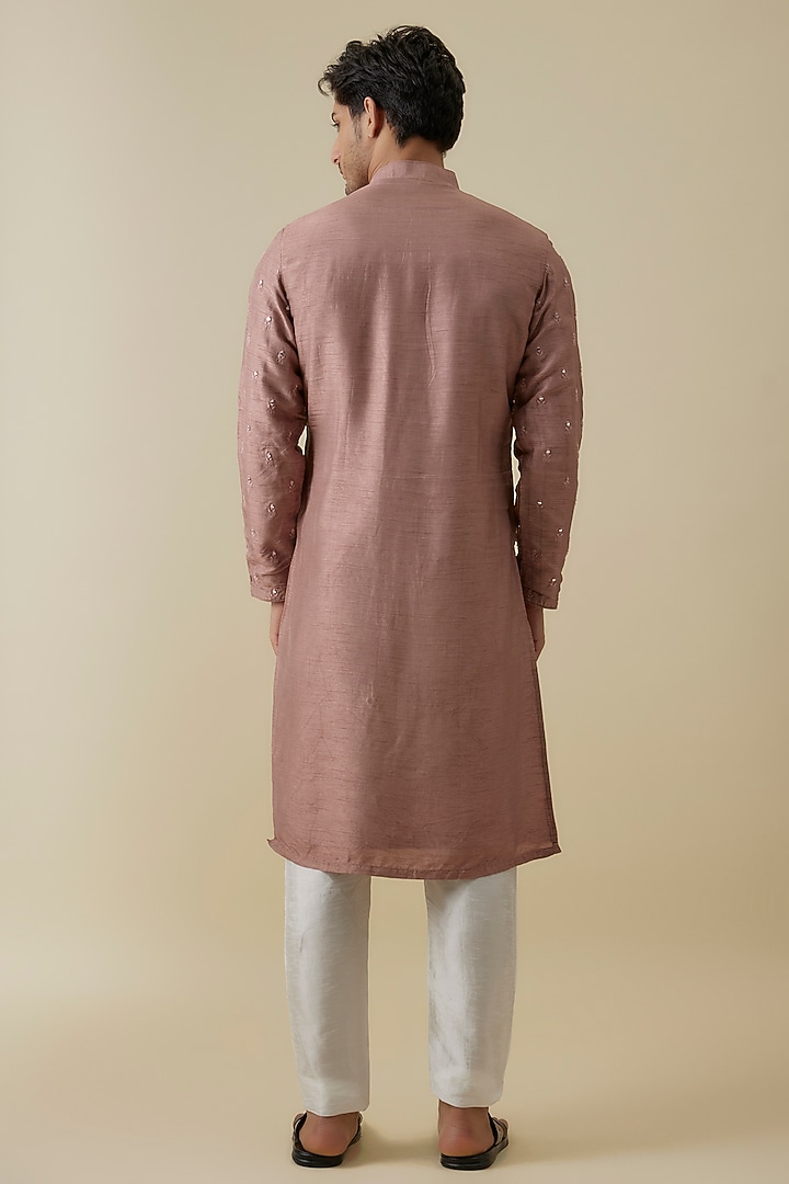 Peach Mysore Silk Mirror Embroidered Kurta Set by AANURAG DALMIA at Pernia's Pop Up Shop