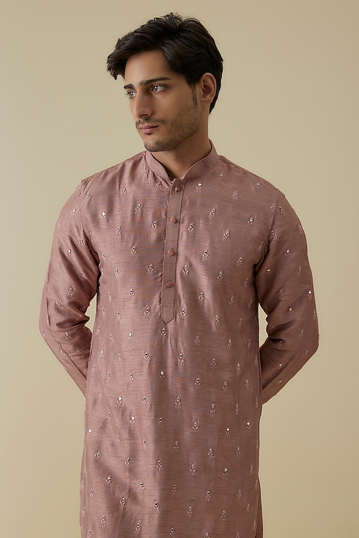 Peach Mysore Silk Mirror Embroidered Kurta Set by AANURAG DALMIA at Pernia's Pop Up Shop