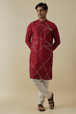 Maroon Mysore Silk Mirror Embroidered Kurta Set by AANURAG DALMIA