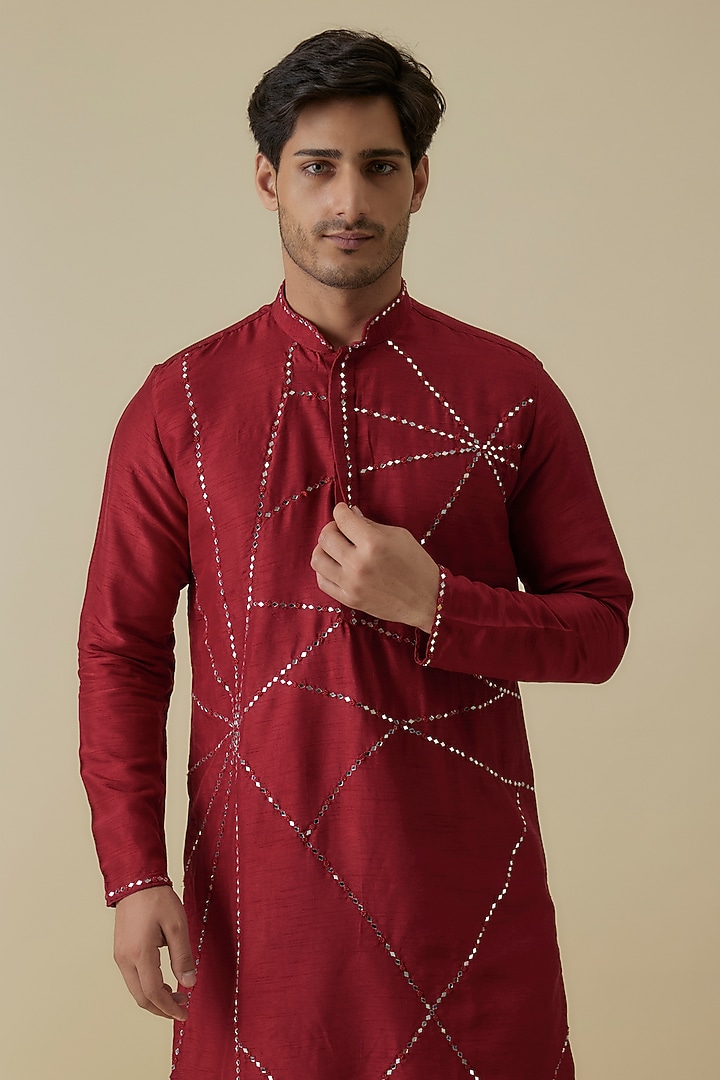 Maroon Mysore Silk Mirror Embroidered Kurta Set by AANURAG DALMIA at Pernia's Pop Up Shop