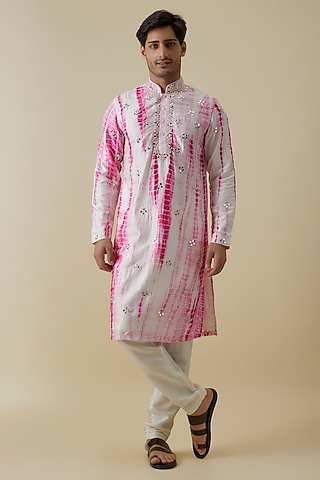 White Mysore Silk Mirror Embroidered Tie- Dye Kurta Set by AANURAG DALMIA