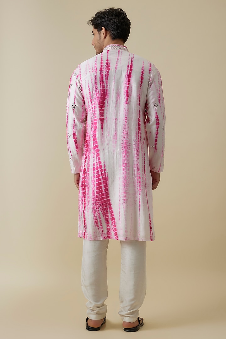 White Mysore Silk Mirror Embroidered Tie- Dye Kurta Set by AANURAG DALMIA at Pernia's Pop Up Shop