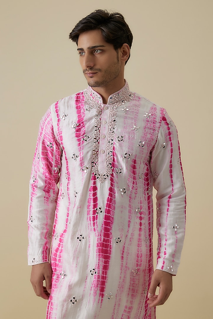 White Mysore Silk Mirror Embroidered Tie- Dye Kurta Set by AANURAG DALMIA at Pernia's Pop Up Shop