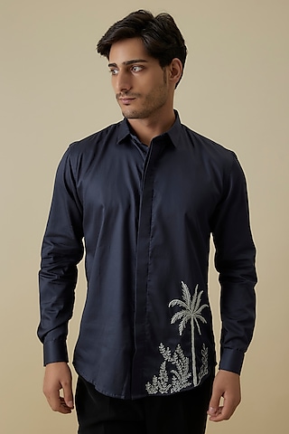 Midnight Blue Luxury Satin Floral Embroidered Shirt by AANURAG DALMIA