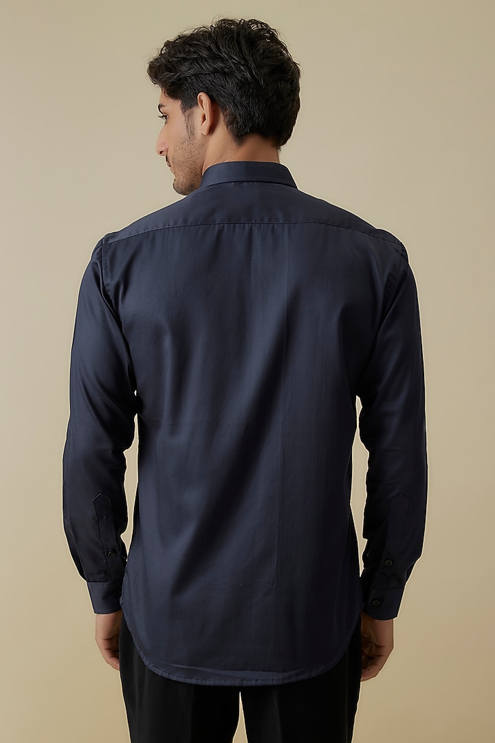 Midnight Blue Luxury Satin Floral Embroidered Party Wear Shirt by AANURAG DALMIA at Pernia's Pop Up Shop