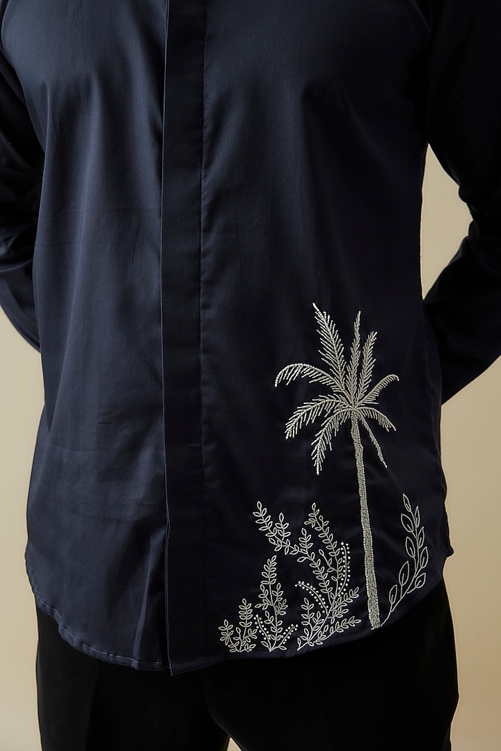 Midnight Blue Luxury Satin Floral Embroidered Party Wear Shirt by AANURAG DALMIA at Pernia's Pop Up Shop