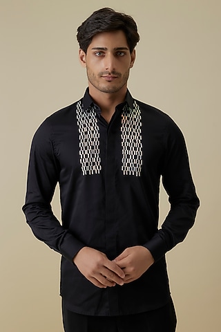 Black Luxury Satin Embroidered Shirt by AANURAG DALMIA