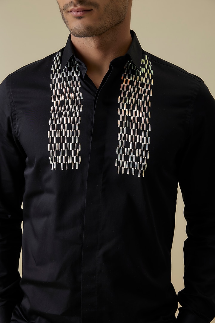 Black Luxury Satin Embroidered Party Wear Shirt by AANURAG DALMIA at Pernia's Pop Up Shop