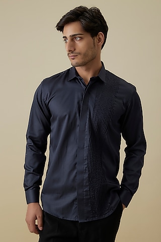 Midnight Blue Luxury Satin Pintucks Shirt by AANURAG DALMIA