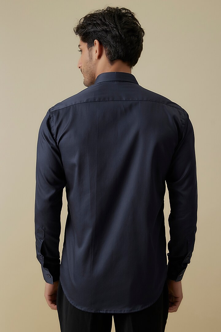Midnight Blue Luxury Satin Pintucks Party Wear Shirt by AANURAG DALMIA at Pernia's Pop Up Shop