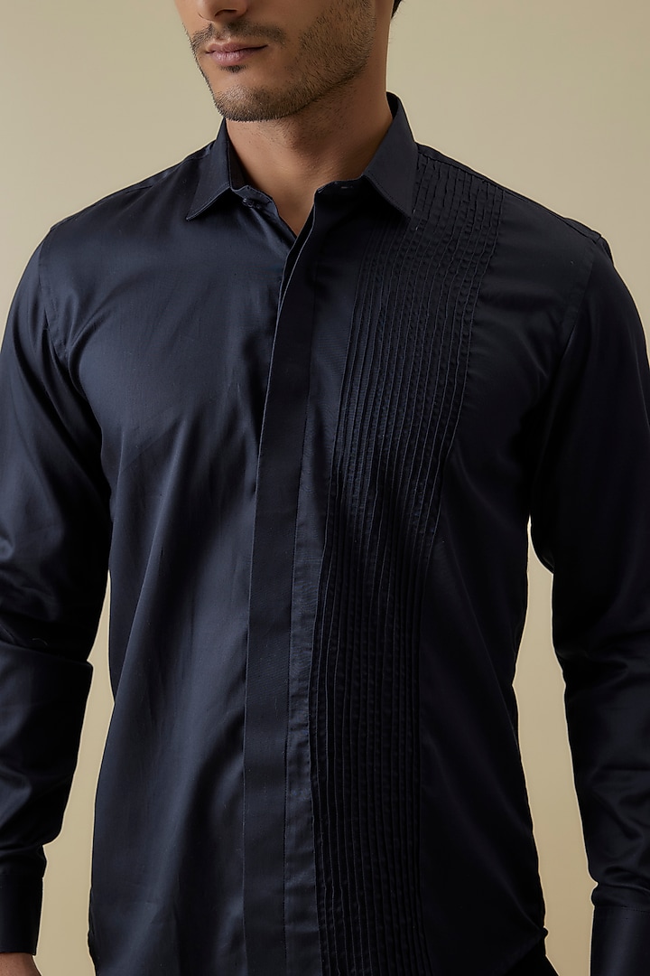 Midnight Blue Luxury Satin Pintucks Party Wear Shirt by AANURAG DALMIA at Pernia's Pop Up Shop
