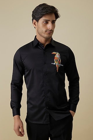 Black Luxury Satin Macaw Embroidered Shirt by AANURAG DALMIA