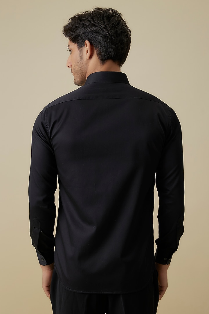 Black Luxury Satin Macaw Embroidered Party Wear Shirt by AANURAG DALMIA at Pernia's Pop Up Shop