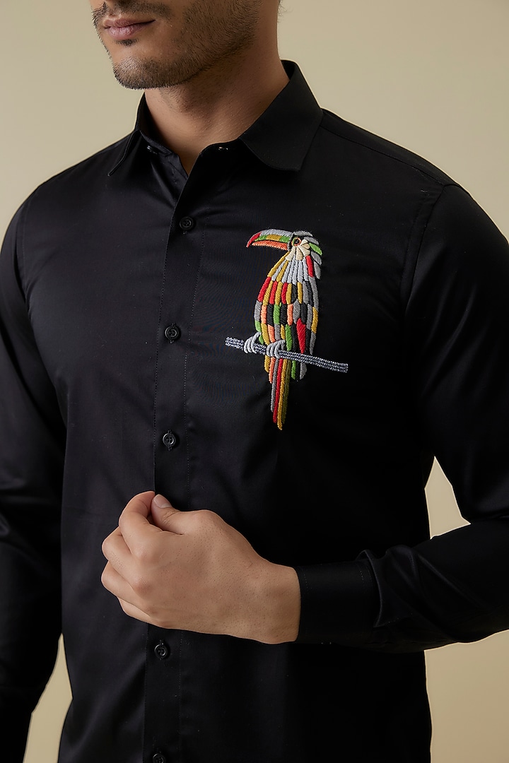 Black Luxury Satin Macaw Embroidered Party Wear Shirt by AANURAG DALMIA at Pernia's Pop Up Shop