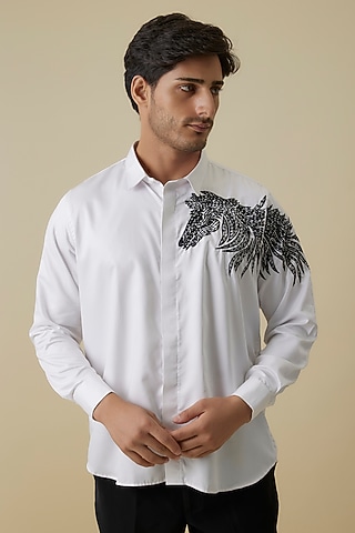 White Luxury Satin Motif Embroidered Shirt by AANURAG DALMIA
