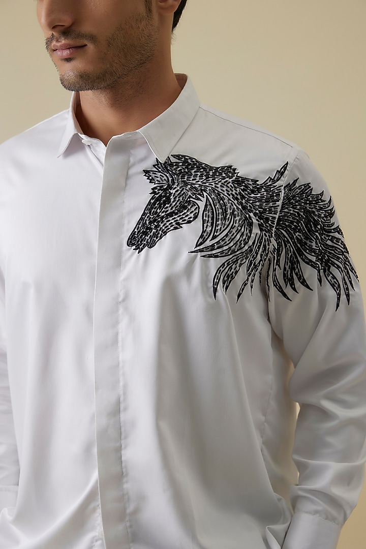 White Luxury Satin Motif Embroidered Party Wear Shirt by AANURAG DALMIA at Pernia's Pop Up Shop