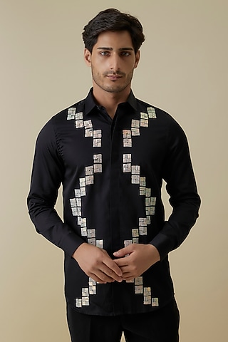 Black Luxury Satin Sequins Work Shirt by AANURAG DALMIA