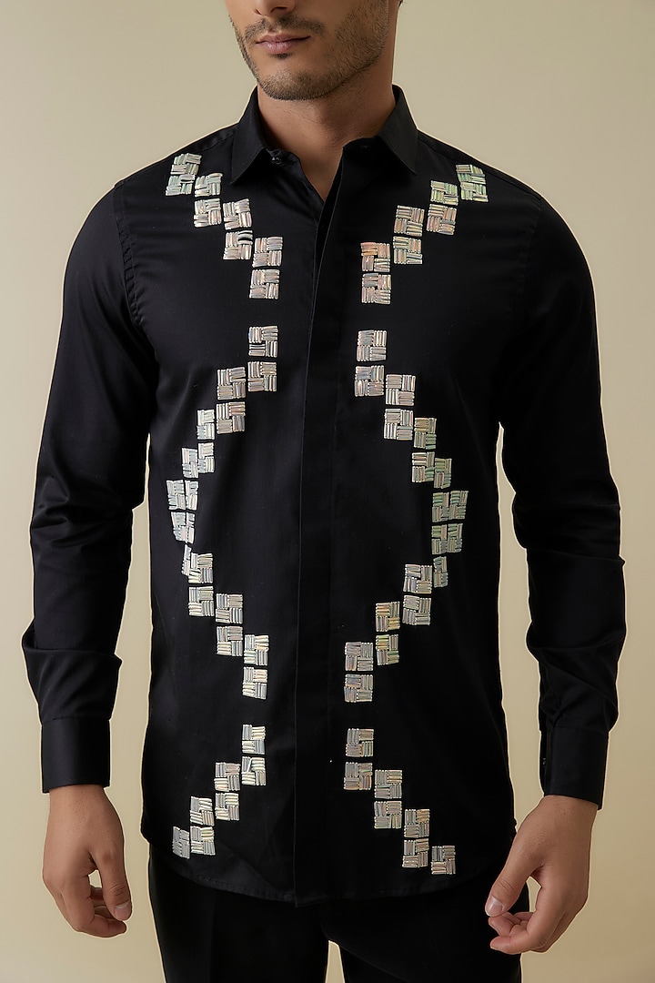 Black Luxury Satin Sequins Work Party Wear Shirt by AANURAG DALMIA at Pernia's Pop Up Shop