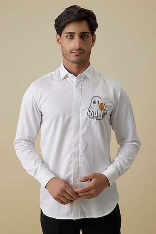 White Luxury Satin Placement Embroidered Shirt by AANURAG DALMIA