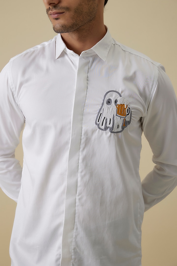 White Luxury Satin Placement Embroidered Party Wear Shirt by AANURAG DALMIA at Pernia's Pop Up Shop