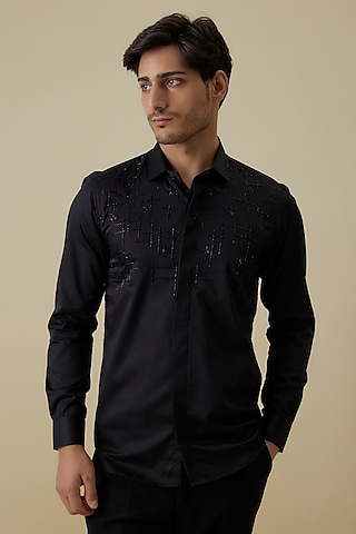 Black Luxury Satin Cutdana Work Shirt by AANURAG DALMIA