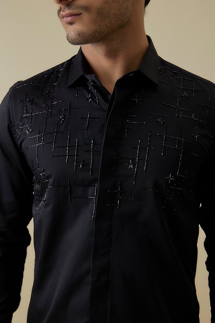 Black Luxury Satin Cutdana Work Party Wear Shirt by AANURAG DALMIA at Pernia's Pop Up Shop