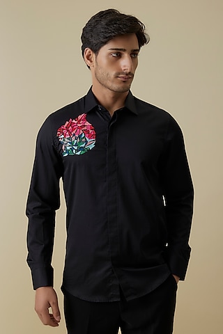 Black Luxury Satin Motif Embroidered Shirt by AANURAG DALMIA